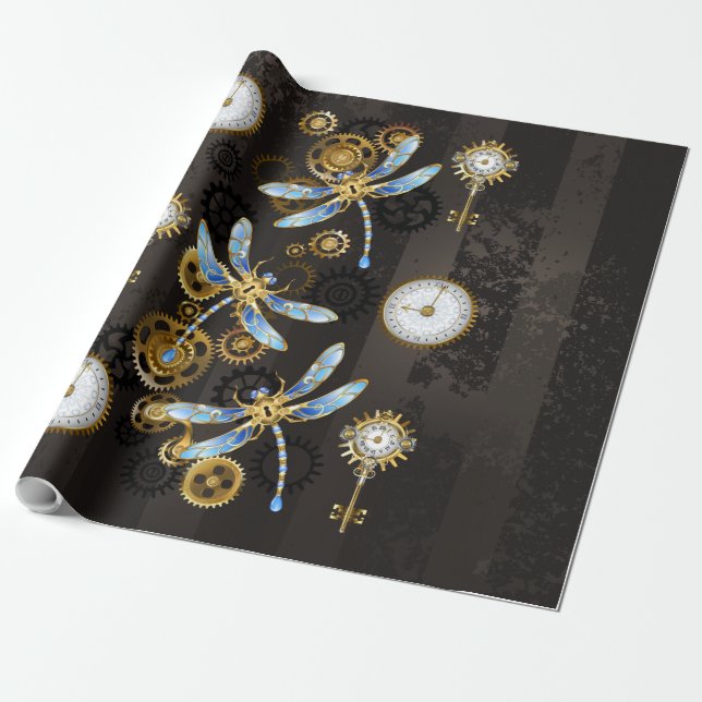 Steampunk Dragonflies on brown striped background Wrapping Paper (Unrolled)