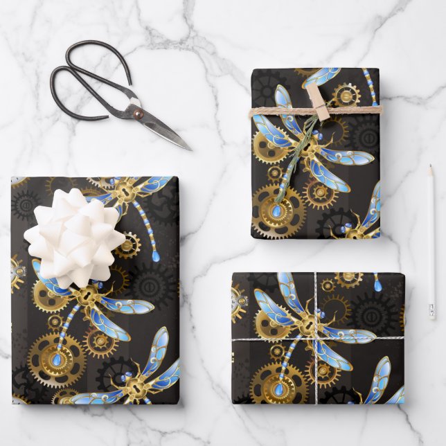 Steampunk Dragonflies on brown striped background Wrapping Paper Sheet (Front)
