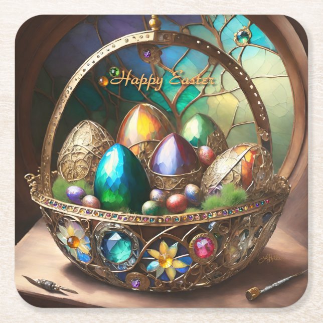 Steampunk Easter Basket Filled With Colourful Eggs Square Paper Coaster (Front)