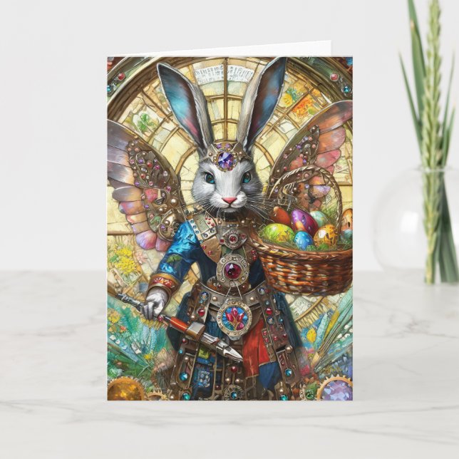 Steampunk Easter Bunny Warrior Angel Card (Front)