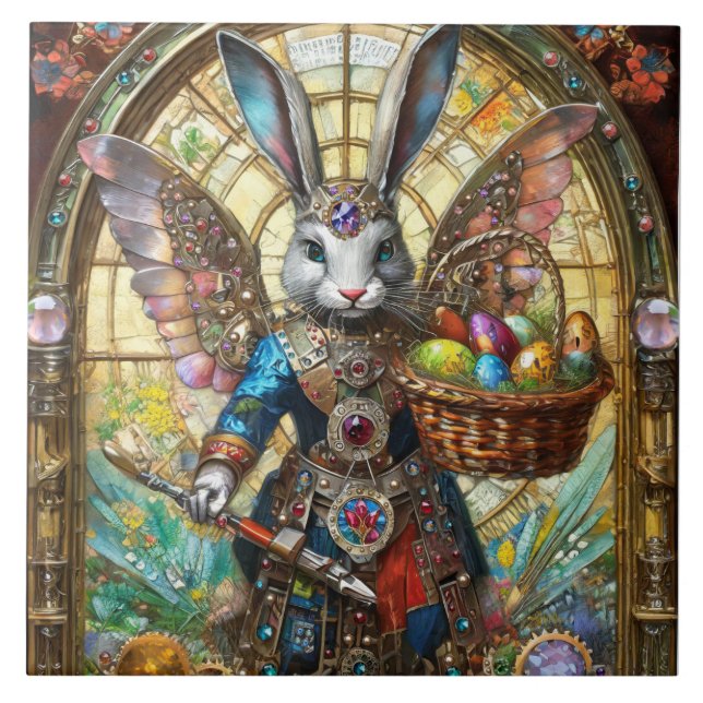 Steampunk Easter Bunny Warrior Angel Tile (Front)