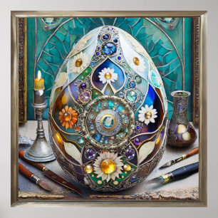 Steampunk Easter Ornate Blue Egg Poster