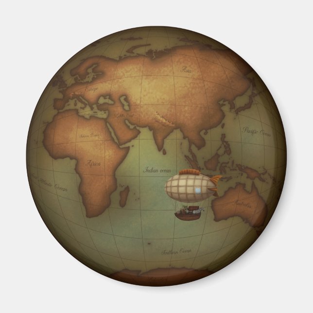 Steampunk Eastern Hemisphere Map Zeppelin Airship Magnet (Front)