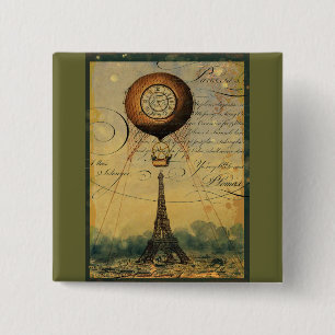 Steampunk Eiffel Tower & Hot Air Balloon 15 Cm Square Badge