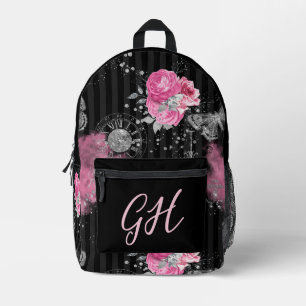 Steampunk Elegance Pink Roses on Black Printed Backpack