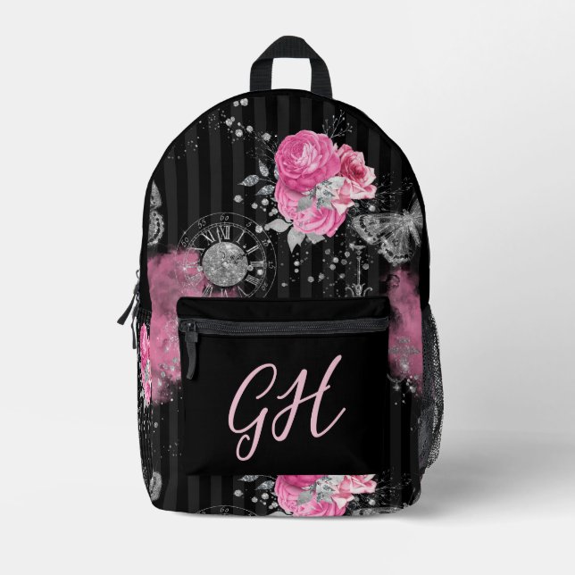 Steampunk Elegance Pink Roses on Black Printed Backpack (Front)