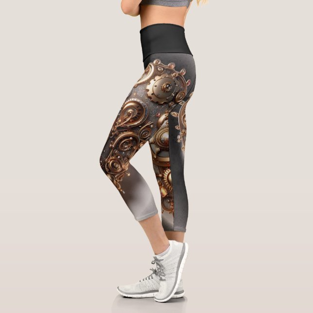 Steampunk Elegant Clockwork Gear Heart Capri Leggings (Left)