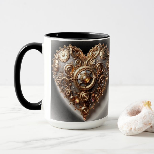 Steampunk Elegant Clockwork Gear Heart Mug (With Donut)