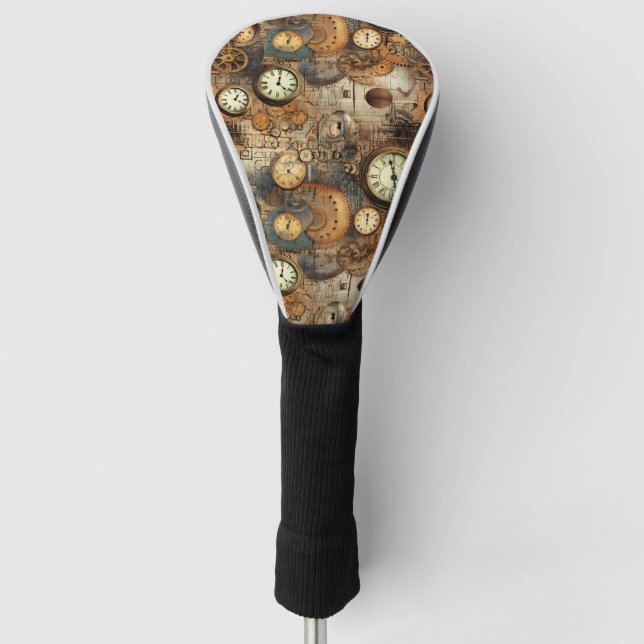 Steampunk Engineering Blueprint Brown Brass Golf Head Cover (Front)