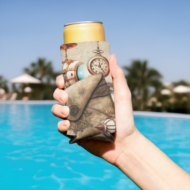 Steampunk Era with Clocks and Blimps Seltzer Can Cooler (In Situ Pool)