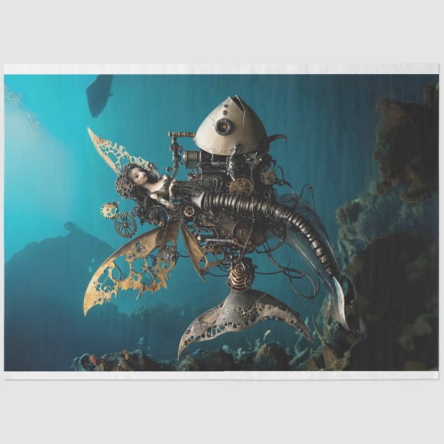 Steampunk Fairy Mermaid on Fish Decoupage Tissue Paper (Front)