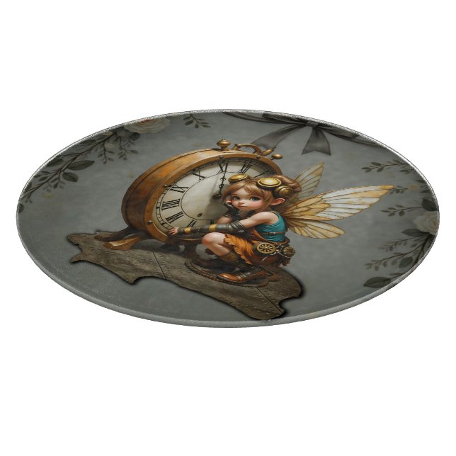 Steampunk Fairy with Golden Wings & Antique Clock  Cutting Board (Corner)