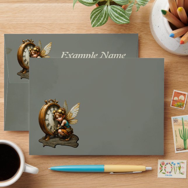 Steampunk Fairy with Golden Wings & Antique Clock  Envelope (Desk)