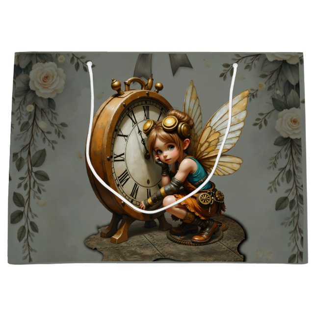 Steampunk Fairy with Golden Wings & Antique Clock  Large Gift Bag (Front)