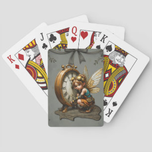 Steampunk Fairy with Golden Wings & Antique Clock Playing Cards