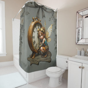 Steampunk Fairy with Golden Wings & Antique Clock  Shower Curtain