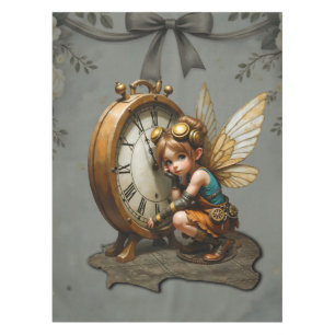 Steampunk Fairy with Golden Wings & Antique Clock Tablecloth