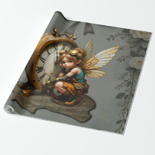 Steampunk Fairy with Golden Wings & Antique Clock Wrapping Paper