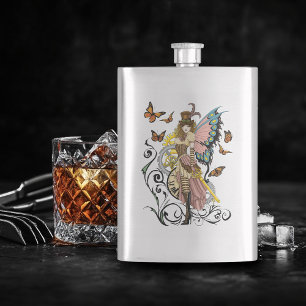 Steampunk Fairy Yellow Clock Gears Hip Flask