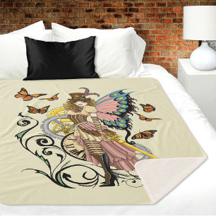 Steampunk Fairy Yellow Clock Gears Sherpa Blanket