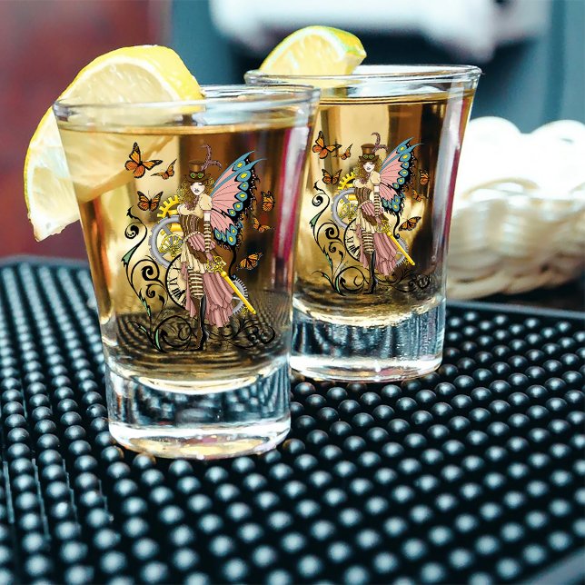 Steampunk Fairy Yellow Clock Gears Shot Glass (Creator Uploaded)