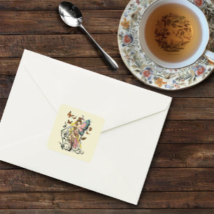 Steampunk Fairy Yellow Clock Gears Square Sticker