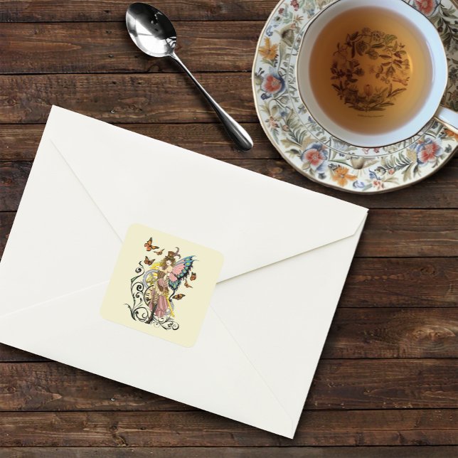 Steampunk Fairy Yellow Clock Gears Square Sticker (Creator Uploaded)