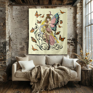 Steampunk Fairy Yellow Clock Gears Tapestry