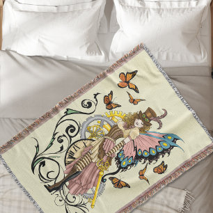 Steampunk Fairy Yellow Clock Gears Throw Blanket
