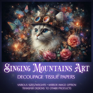 Steampunk Fantasy Cat Butterflies Decoupage Tissue Paper