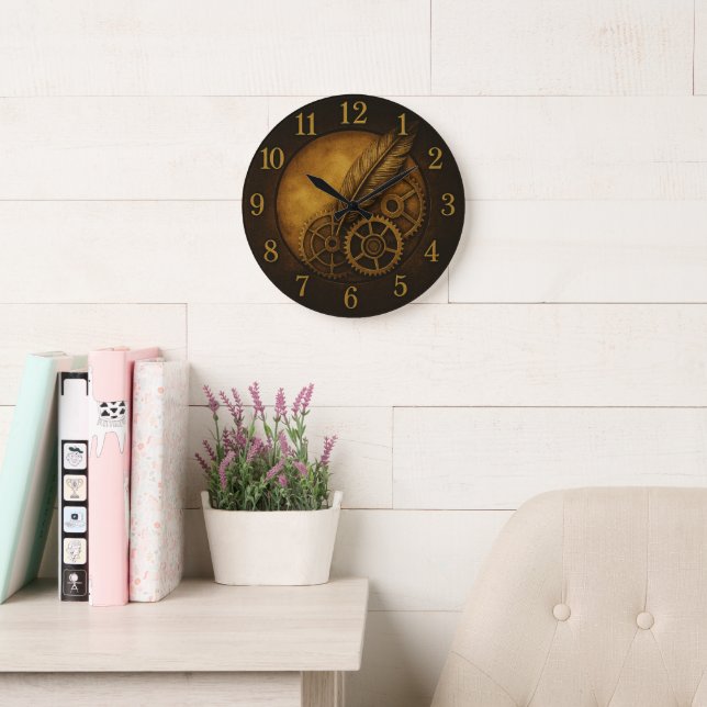Steampunk Feather Clock – Antique Gold Art (Reading Room)