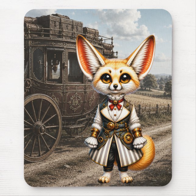 Steampunk Fennec Fox Gentlewoman & Stagecoach Mouse Pad (Front)