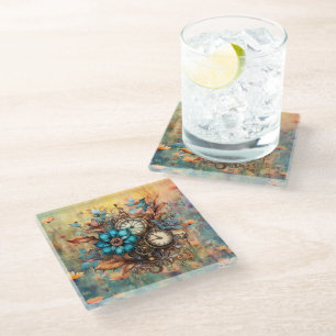 Steampunk Floral Decorative Glass Coaster
