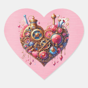  Steampunk Floral Pink and Gold Heart Sticker
