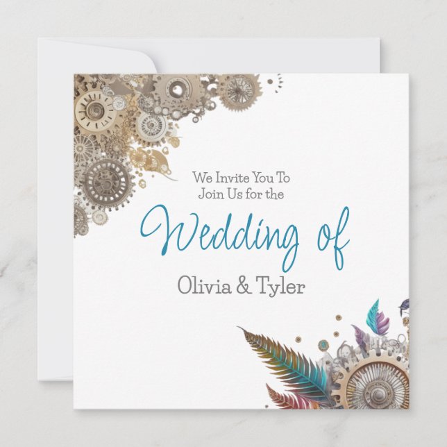 Steampunk, Flowers and Feathers Wedding  Invitation (Front)