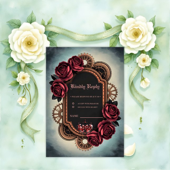 Steampunk Frame with Red Roses and Gears  RSVP Card (Creator Uploaded)