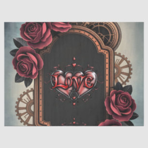 Steampunk Frame with Red Roses and Gears Tissue Paper