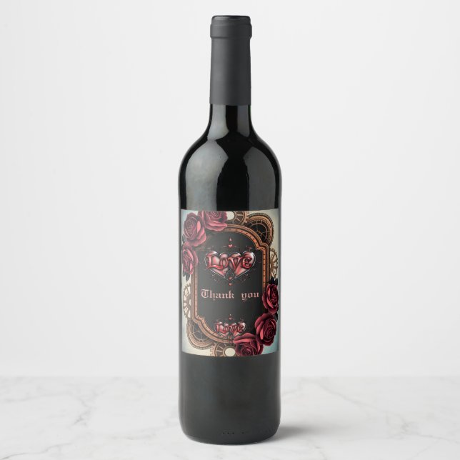 Steampunk Frame with Red Roses and Gears  Wine Label (Front)
