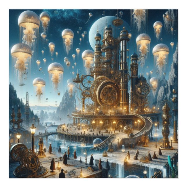 Steampunk Futuristic Ancient City with Jellyfish  Photo Print (Front)