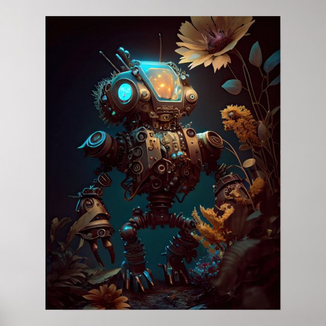 Steampunk Futuristic Robot & Flowers Poster (Front)