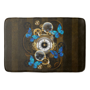 Steampunk Gears and Blue Butterflies Bath Mat