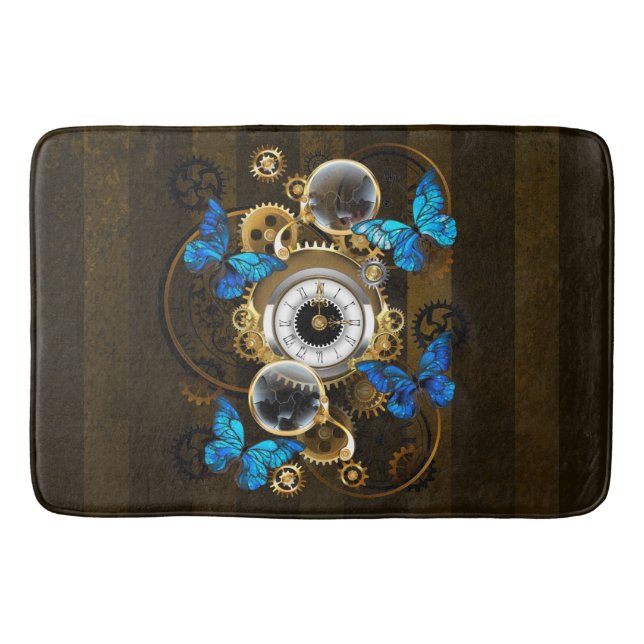 Steampunk Gears and Blue Butterflies Bath Mat (Front)