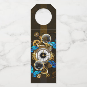 Steampunk Gears and Blue Butterflies Bottle Tag