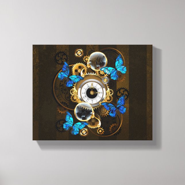Steampunk Gears and Blue Butterflies Canvas Print (Front)