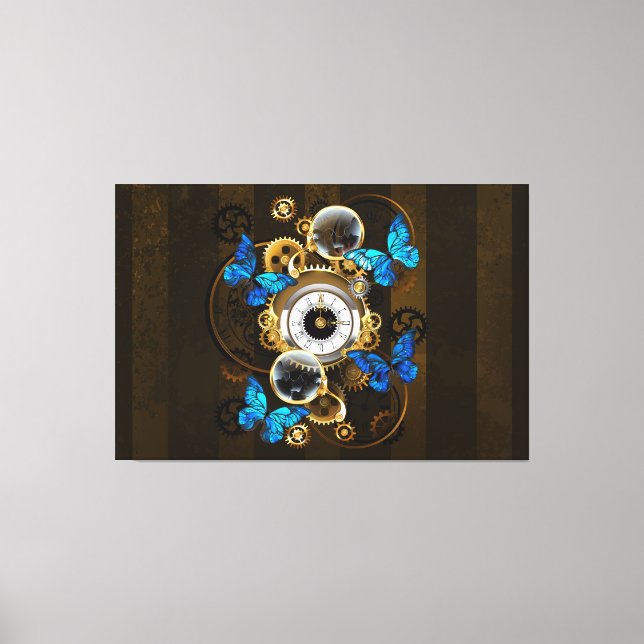 Steampunk Gears and Blue Butterflies Canvas Print (Front)