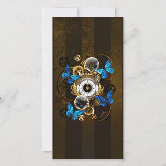 Steampunk Gears and Blue Butterflies Card (Front)