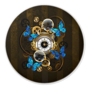 Steampunk Gears and Blue Butterflies Ceramic Knob
