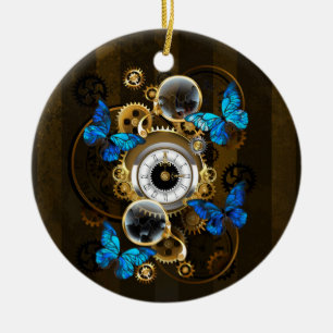 Steampunk Gears and Blue Butterflies Ceramic Tree Decoration