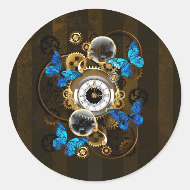 Steampunk Gears and Blue Butterflies Classic Round Sticker (Front)