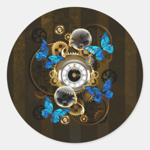 Steampunk Gears and Blue Butterflies Classic Round Sticker